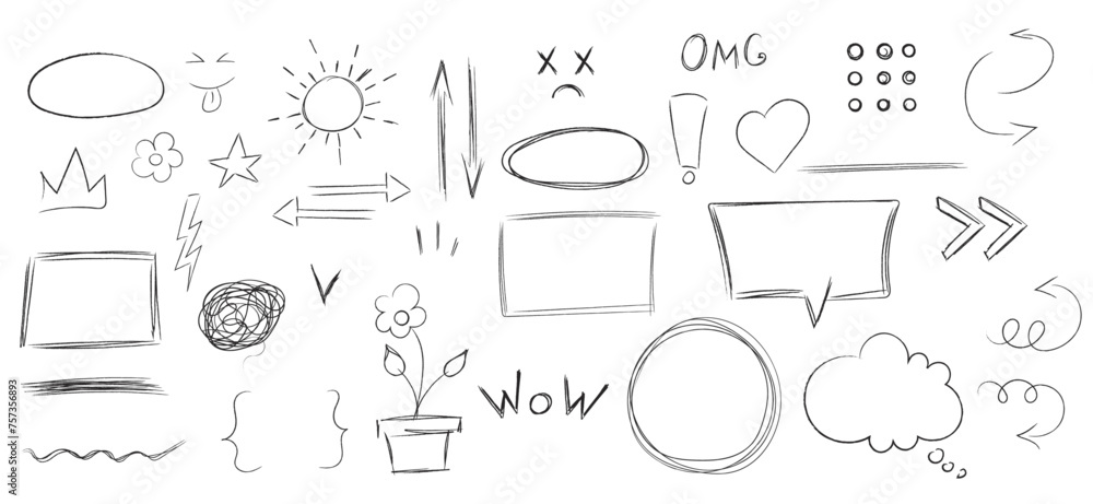 Hand drawn scribbles frame, text box, speech bubbles, arrows, crown, flower set. Outline design elements Hand drawn scribbles frame, text box, speech bubbles, arrows, crown, flower set. Outline design elements