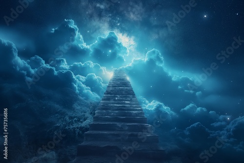 Mystical stairway ascending into a celestial night sky, invoking themes of mystery, discovery, and the pursuit of the unknown photo