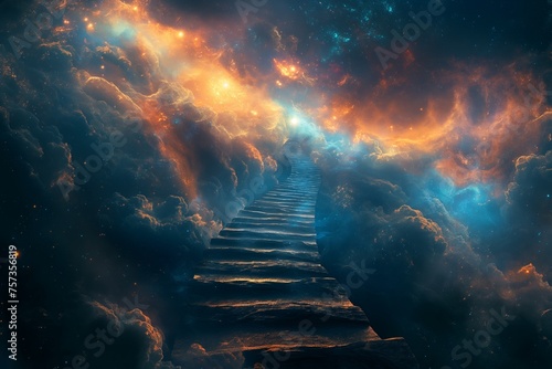Stairway to heaven concept through a cosmic landscape, symbolizing journey, spirituality, and the quest for enlightenment photo