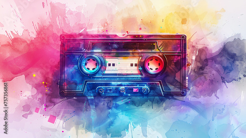A watercolor cassette tape with 80s groovy graffiti symbolizing the vibrant music vibe of the era