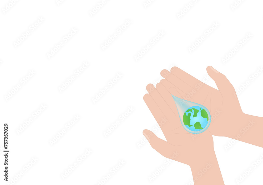 Save Water or Save the World Concept. Hand Holding Drop of Water and World. World Water Day and Environment day. Vector Illustration. Save Water or Save the World Concept. Hand Holding Drop of Water and World. World Water Day and Environment day. Vector Illustration.