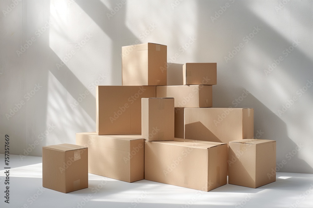 Fototapeta premium Stacked cardboard boxes in soft light, concept of moving, storage, and delivery services