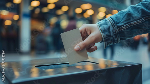 closeup hand put the card vote in the ballot box.direction feedback or democracy system concepts.generative ai technology