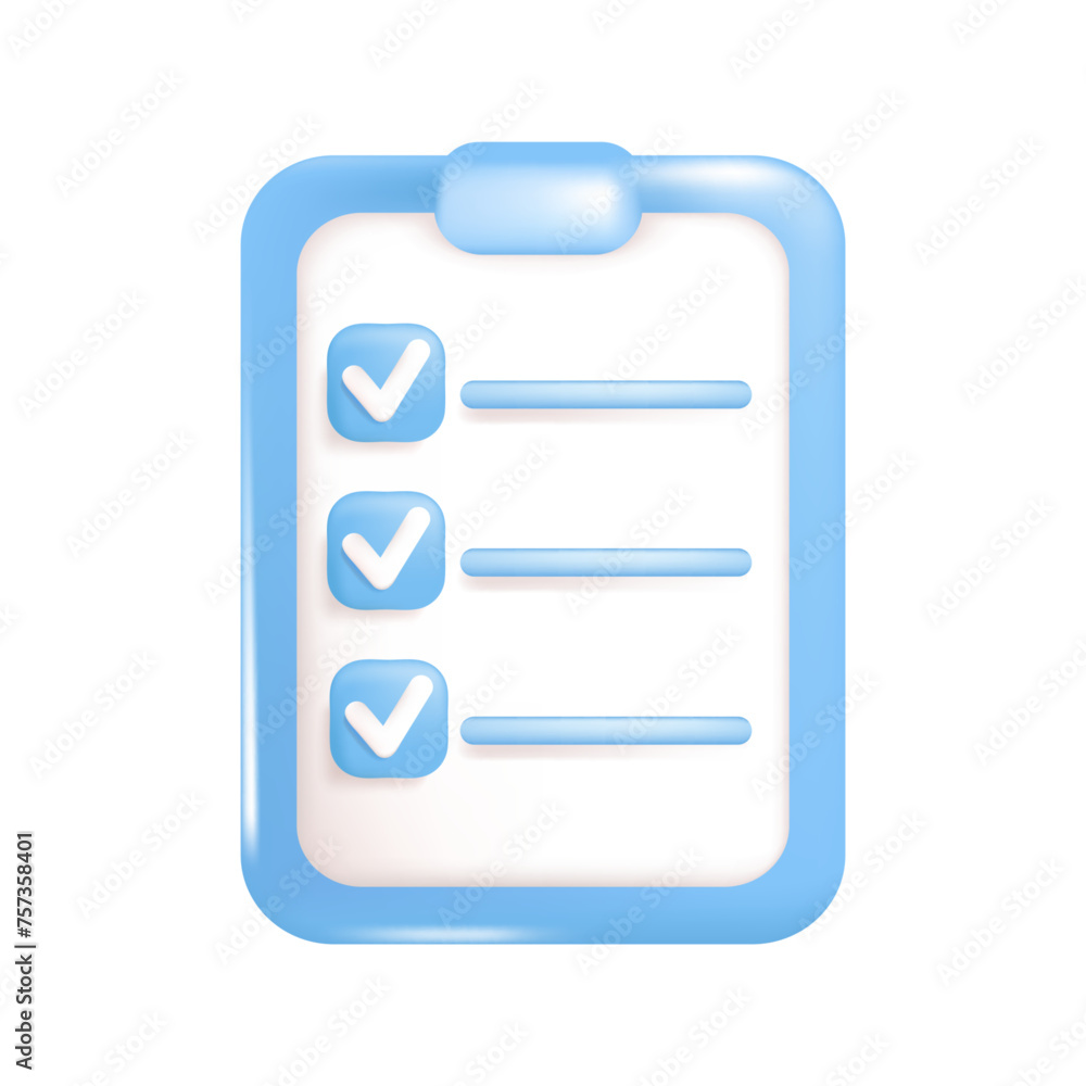 Clipboard with checklist in cartoon volumetric style for UI UX graphic design, web site, social media, mobile app. Clipboard with checklist in cartoon volumetric style for UI UX graphic design, web site, social media, mobile app.