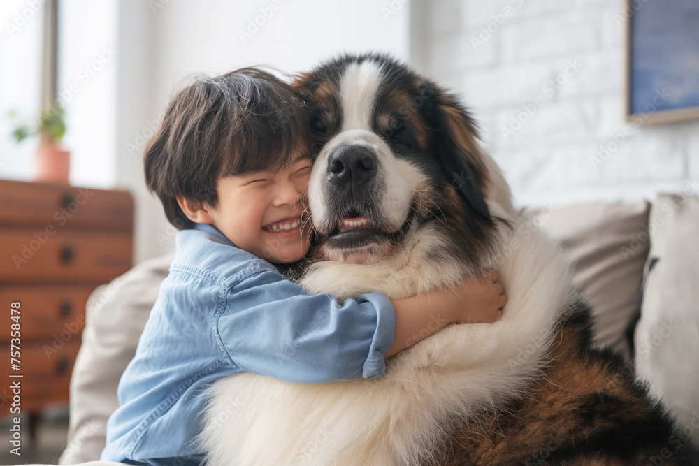 Young Boy Embracing Large Fluffy Dog with Joy and Affection in Cozy Room, human-animal bond Young Boy Embracing Large Fluffy Dog with Joy and Affection in Cozy Room, human-animal bond