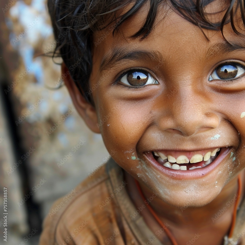 Close-up of a childs smile in a slum,generative ai Close-up of a childs smile in a slum,generative ai