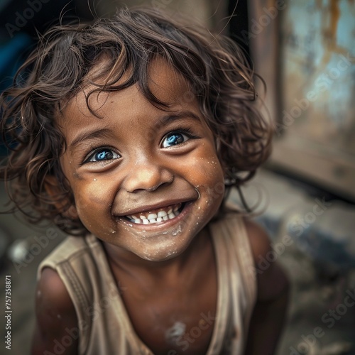 Close-up of a childs smile in a slum,generative ai