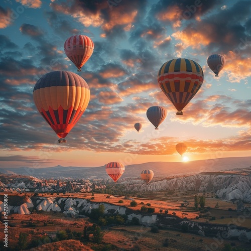 Colorful hot air balloons floating at sunrise,generative ai