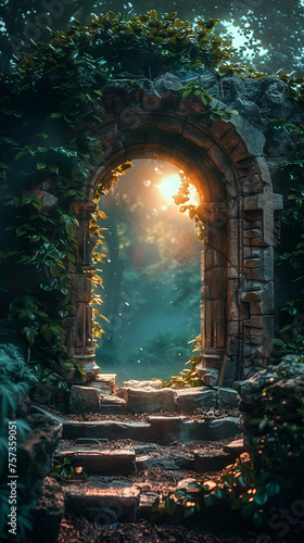 Magic Gate. Mysterious Entrance portal to Fantasy world. Ancient ruins. Passage to another world. Stone door to an alien world.