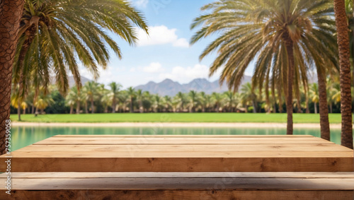 Empty wooden table for product display with date palm garden background photo