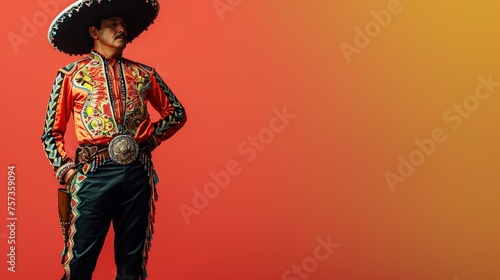 Man in traditional Mexican charro suit and sombrero against a vibrant orange background. photo