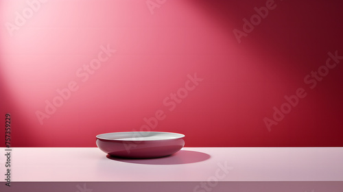 A simple yet elegant bowl rests on a gradient red surface, epitomizing a minimalist's dream