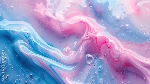 An elegant fluid art texture blending soft pastel tones of blue and pink with delicate bubble patterns