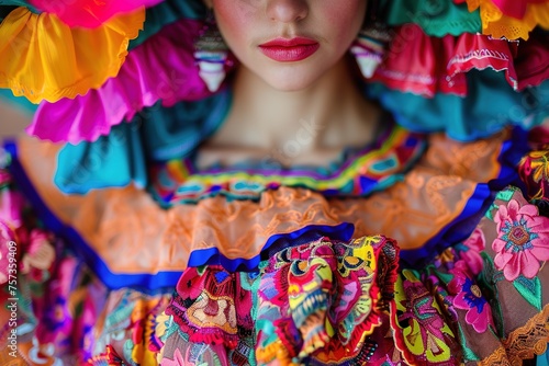 Close-up of a woman in vibrant, traditional embroidered dress with bold lipstick.