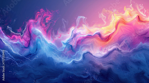 An expansive digital art piece evokes the sensation of ocean waves under a sunset sky, brimming with vibrant, glowing colors