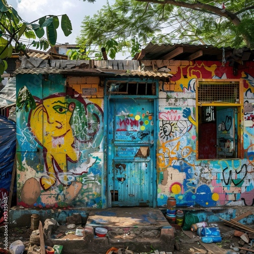 Graffiti walls telling the untold stories of slum life,generative ai © Chano_1_na