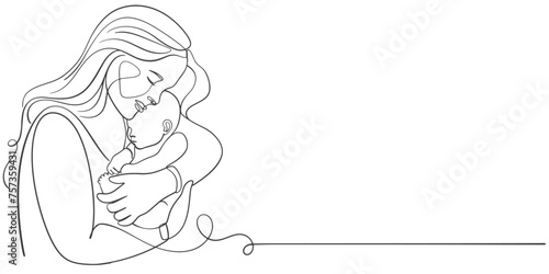 Mother and baby line art. Mom hugs child. Motherhood and newborn concept. Happy mother line vector illustration. Parent loving kid, happy mother day design for card