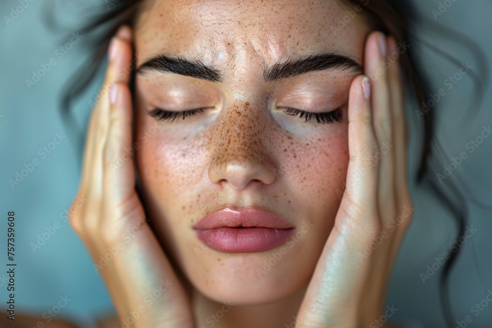 Portrait of a peaceful woman with freckles and closed eyes holding face Portrait of a peaceful woman with freckles and closed eyes holding face