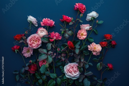 Vibrant red and pink roses on a dark blue background.