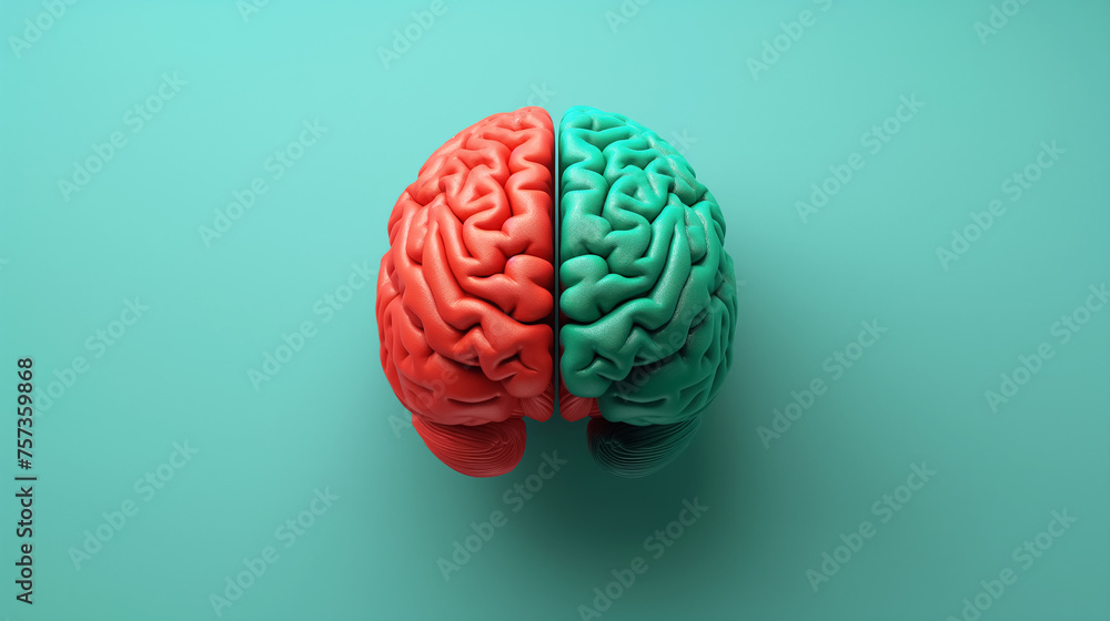 Dual-Toned Green and Red Human Brain Model Isolated on Green Background Dual-Toned Green and Red Human Brain Model Isolated on Green Background
