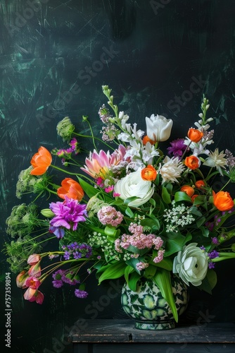 Colorful bouquet of fresh spring flowers on a dark textured background. Greeting card with space for text. © Sergio Lucci