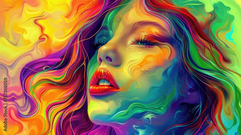 Woman with Colorful Hair Against Rainbow Background