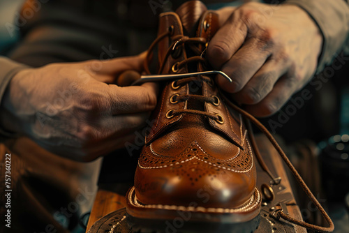A shoe maker is making leather shoes in the workshop