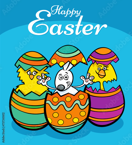 cartoon Easter bunny and chicks hatched from eggs greeting card