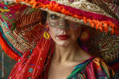 Woman in vibrant embroidered dress and lace mask under a colorful umbrella.