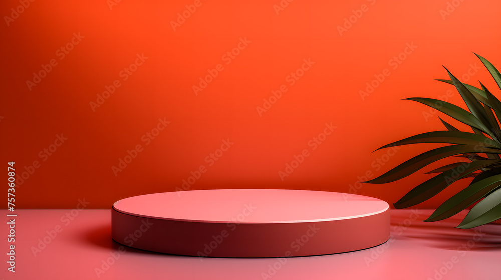 A simple yet stylish image featuring a pink podium with the subtle shadow of a plant, set against a vibrant orange background A simple yet stylish image featuring a pink podium with the subtle shadow of a plant, set against a vibrant orange background