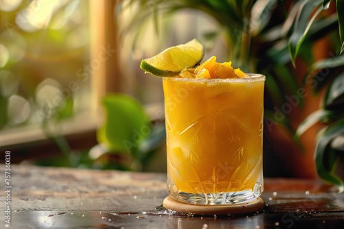 Refreshing mango cocktail with a lime garnish on a wooden surface.