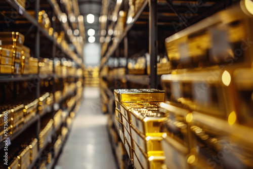 Warehouse Interior with Golden Bars Shelves Bathed in Warm Light, Industrial Storage, banner with copy space