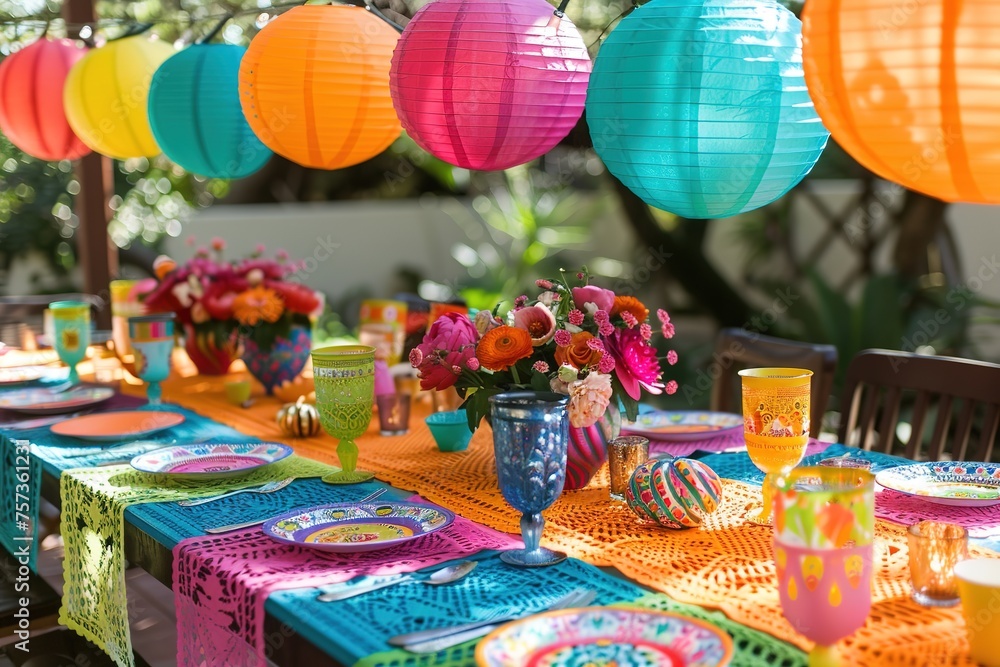 A vibrant outdoor setting with colorful lanterns for a festive celebration.