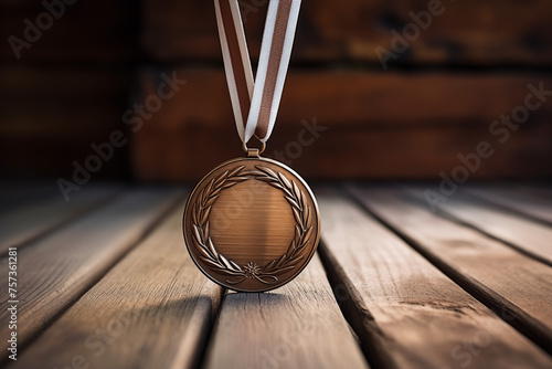 Gold medal with white and red ribbon on wooden surface