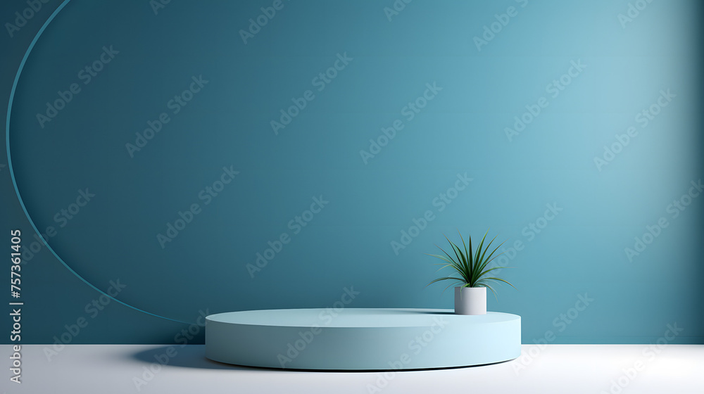 Calm blue background featuring a circular geometric detail with a potted plant on a podium Calm blue background featuring a circular geometric detail with a potted plant on a podium