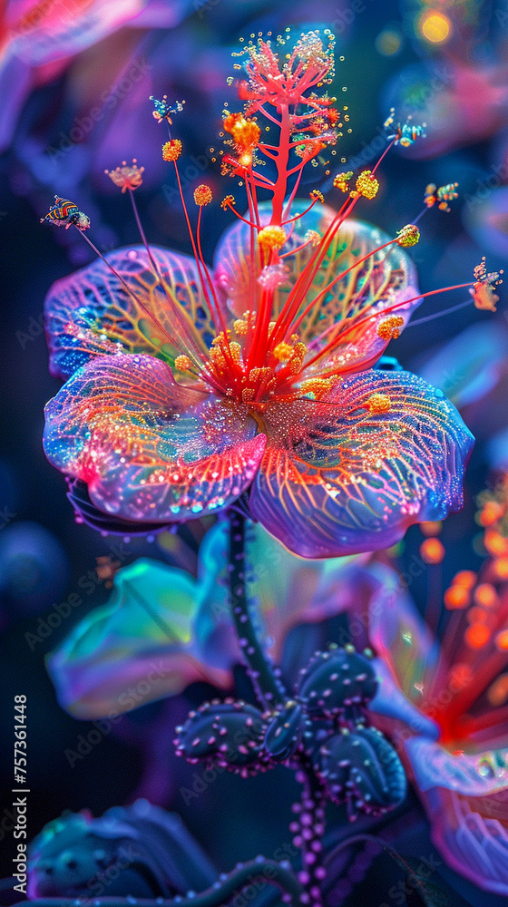 A fantastical flower glows with neon lights and vibrant colors, creating a dreamlike and magical atmosphere