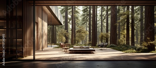 A building nestled among trees in a lush forest, featuring a sliding glass door that offers stunning views of the surrounding greenery