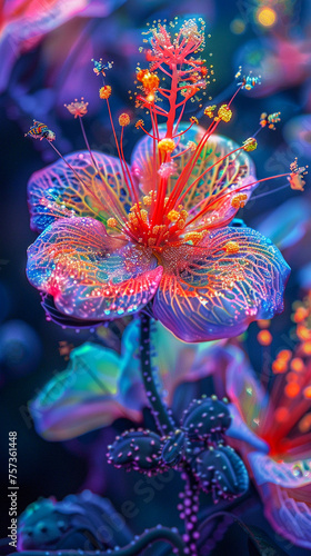 A fantastical flower glows with neon lights and vibrant colors, creating a dreamlike and magical atmosphere