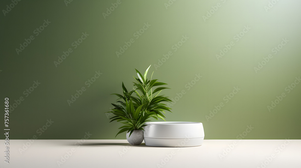 An attractive Peace Lily sprouts from a low ceramic vessel, presenting on a neutral beige platform with a green gradient An attractive Peace Lily sprouts from a low ceramic vessel, presenting on a neutral beige platform with a green gradient