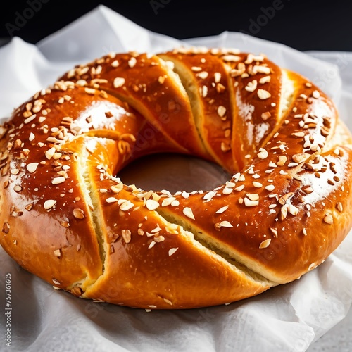 Fresh pretzels with sea salt close-up on nice background, pretzels in the form of knot with cheese oil sauce, sesame seeds on top bakery products