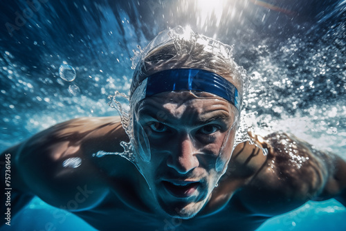 Underwater male swimmer closeup photo