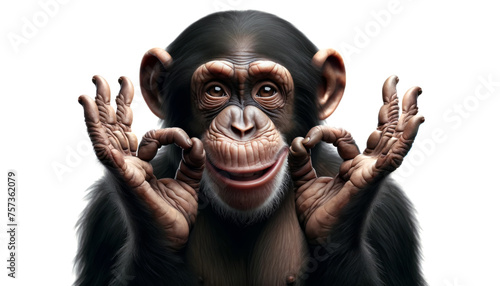 A chimpanzee with OK sign or showing okay gesture with his fingers. Monkey showing Ok sign with two hands, Sign expression This Is good.