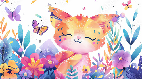 Delightful illustration of a joyful cat surrounded by butterflies and a flourish of colorful flowers, radiating happiness and playfulness.