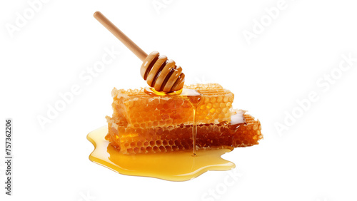 Honeycomb with honey dipper cutout. Isolated honeycomb on transparent background