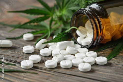 white pharmaceutical tablets with marijuana leaves on wooden background