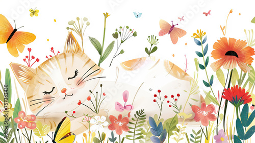 A serene illustration of a sleeping cat surrounded by vibrant flowers and fluttering butterflies, evoking a sense of peace and nature.