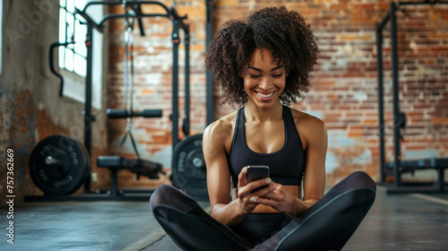 young woman is seated on a gym floor in workout attire, looking at her smartphone, with weightlifting equipment in the background