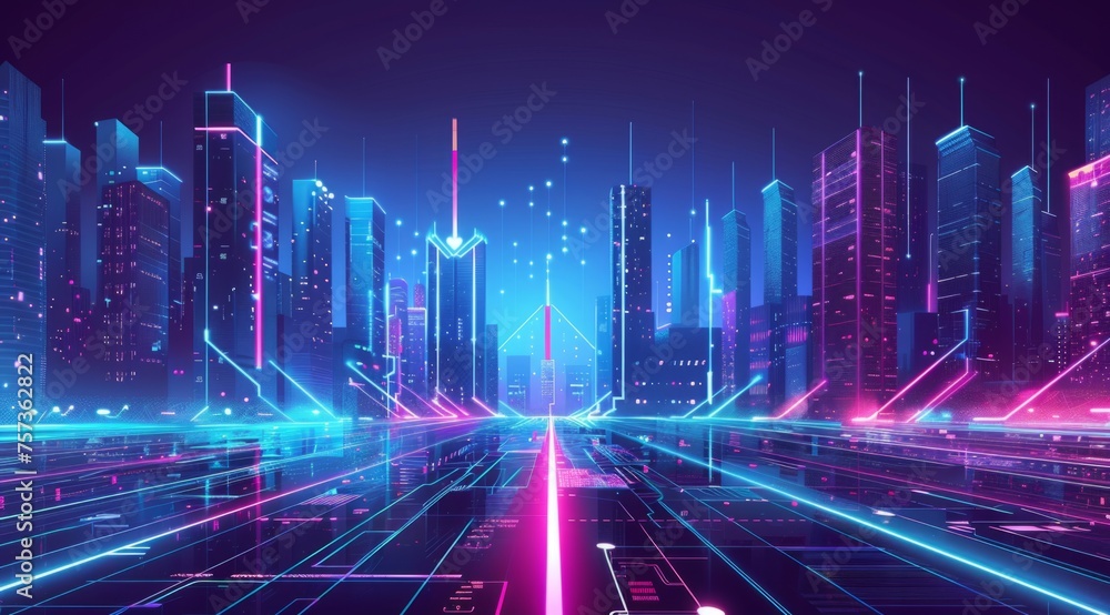Futuristic cityscape with neon lights and digital elements, representing the next wave of technology in urban life Generative AI