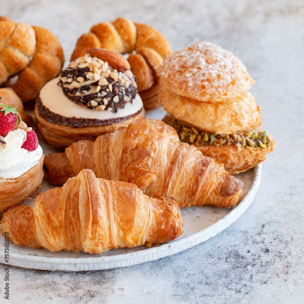 A platter of delicate French pastries, including éclairs, croissants, and palmiers