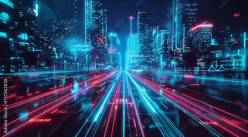 Futuristic cityscape with neon lights and glowing streets, showcasing the concept of digital urban life Generative AI